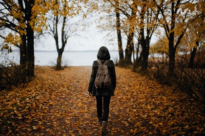 白天，一名妇女在靠近水体的小路上行走，落叶飘落
